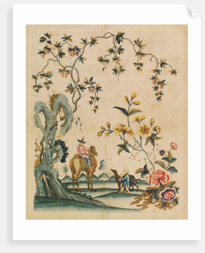 Portion of wallpaper depicting a man on a camel and a boy with a greyhound by Unknown