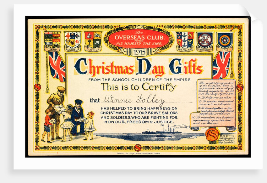 Christmas Day Gifts Certificate issued by the Overseas Club by Unknown