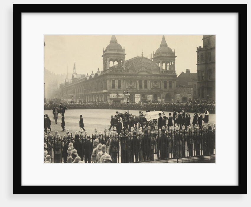 Mourners and a horse's carriage transporting The Right Hon. W E Gladstone's coffin at Westminster Abbey by S.B. Bolas