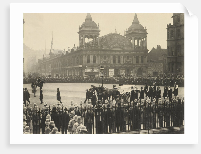 Mourners and a horse's carriage transporting The Right Hon. W E Gladstone's coffin at Westminster Abbey by S.B. Bolas