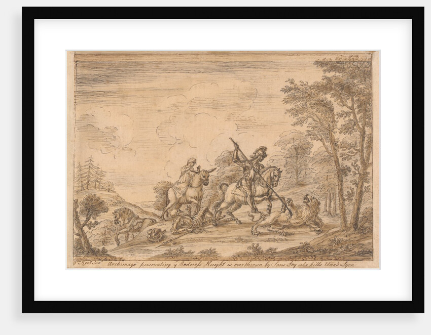 Archimago personating the Redcross knight is overthrown by Sans Loy who kills Unas Trusty Lyon by William Kent