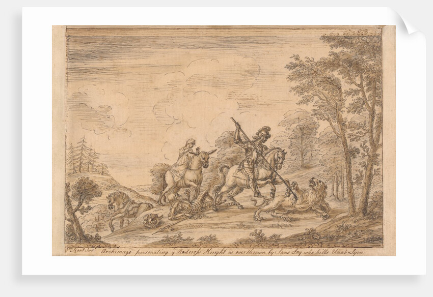 Archimago personating the Redcross knight is overthrown by Sans Loy who kills Unas Trusty Lyon by William Kent