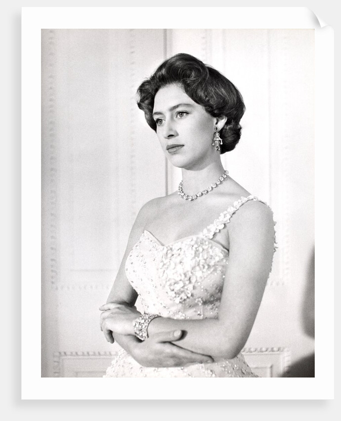 Princess Margaret in a formal one-shouldered evening dress by Cecil Beaton
