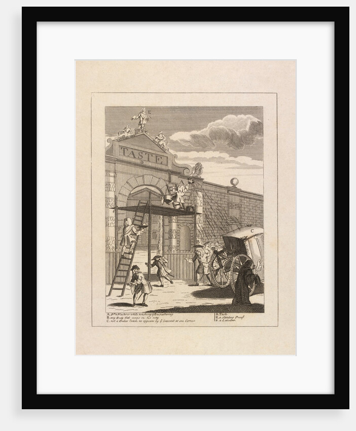 Etching depicting William Kent on top of the gate flanked by Raphael and Michelangelo by William Hogarth