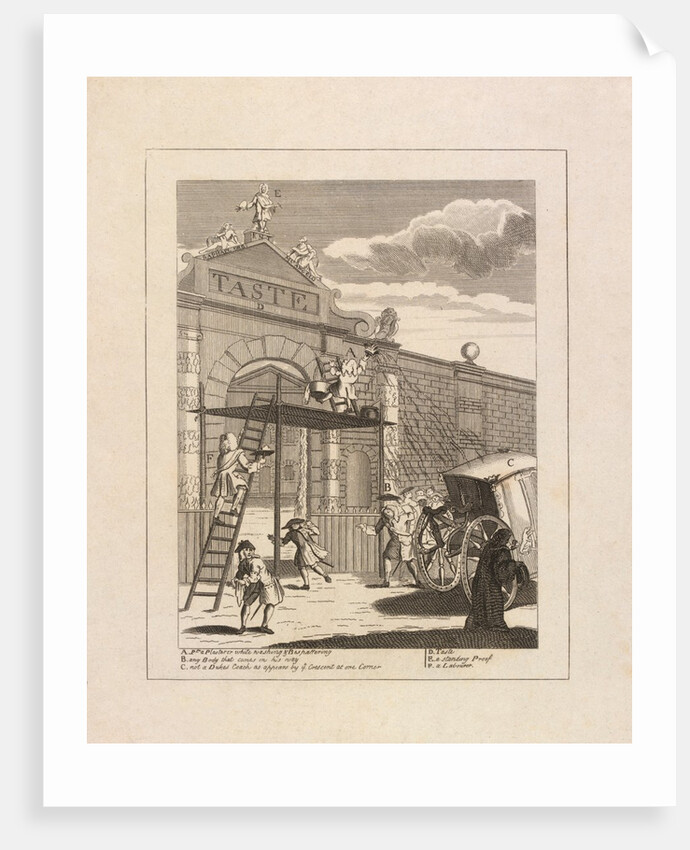 Etching depicting William Kent on top of the gate flanked by Raphael and Michelangelo by William Hogarth