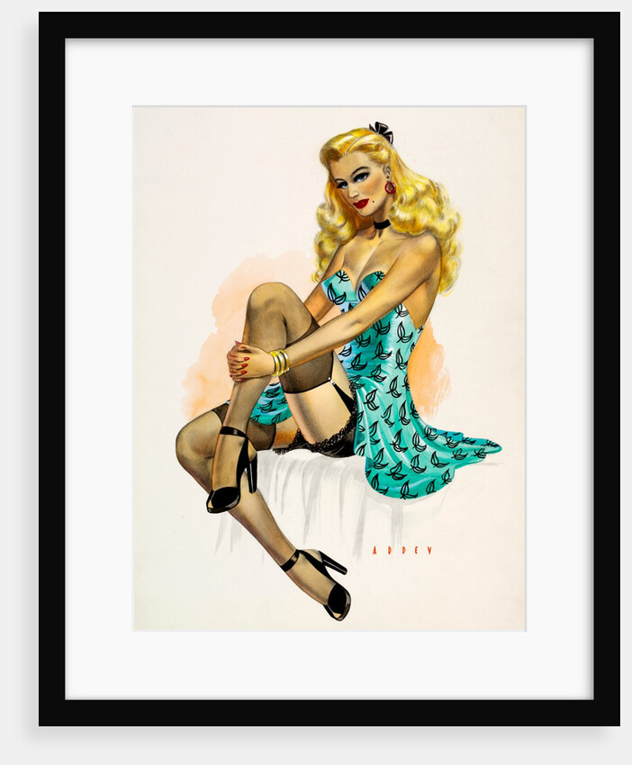 Pin-up girl seated on a bed in stockings and slip by Wilfrid R. Addey