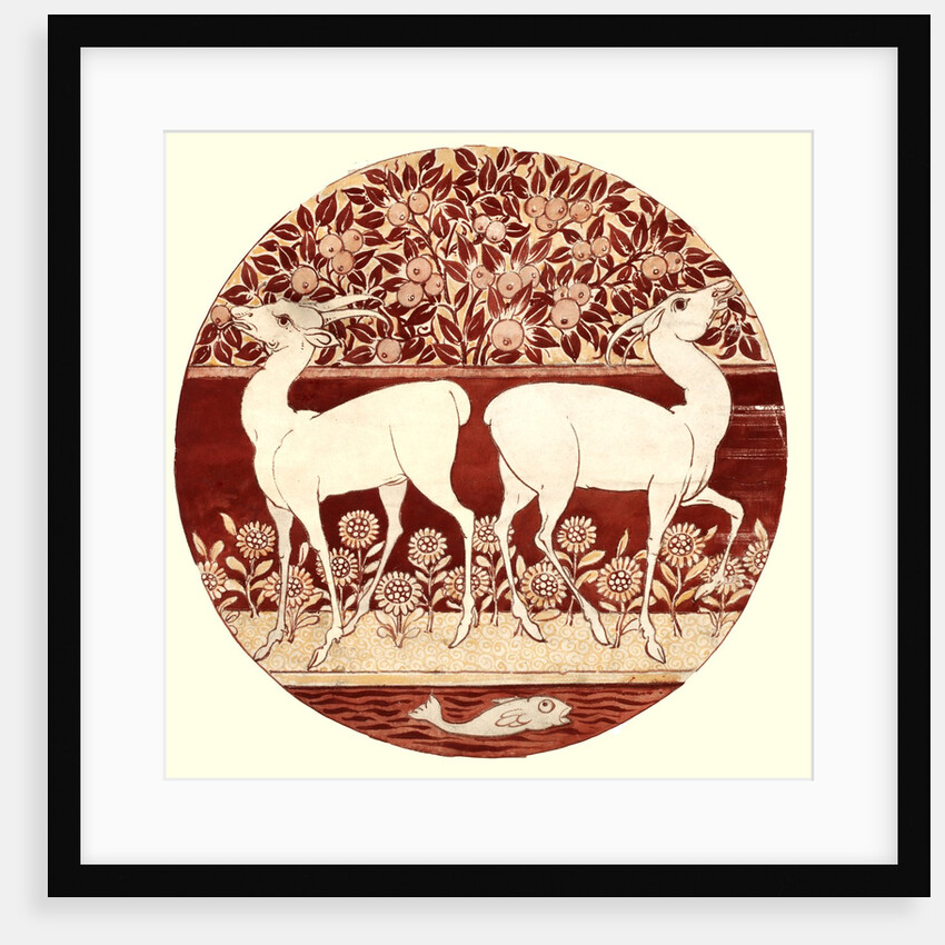 Circular dish design showing two deer, a fruit tree, a fish, and flowers by William Frend De Morgan