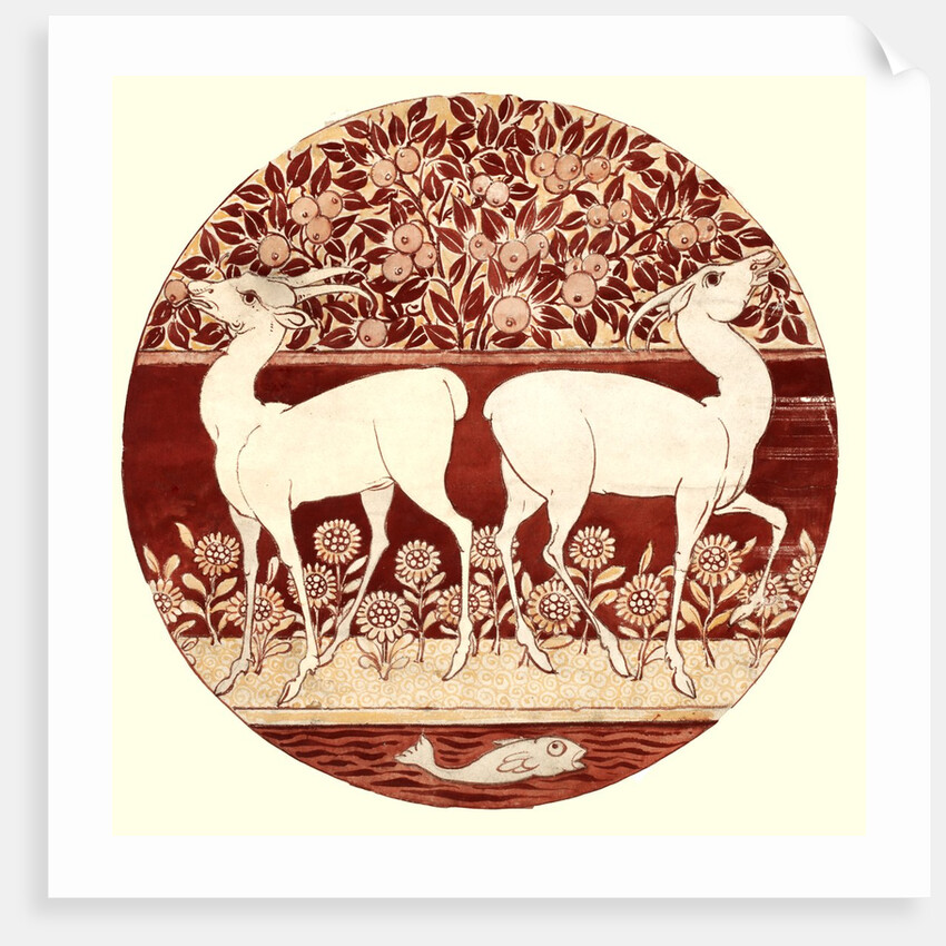 Circular dish design showing two deer, a fruit tree, a fish, and flowers by William Frend De Morgan