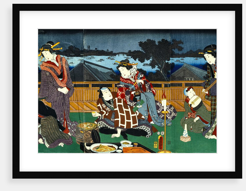 Ryogoku Yukei:Hitome Senkin, an Actor of The  Narikoma Acting House, Relaxing with Courtesans by Utagawa Kunisada