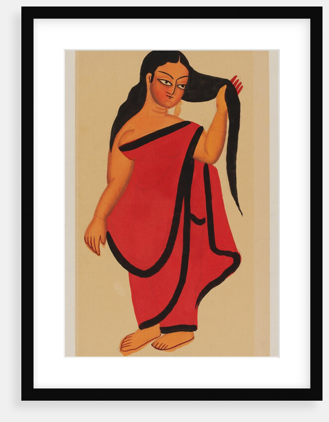 Courtesan in sari holding her long dark hair by Kali Charan Ghosh
