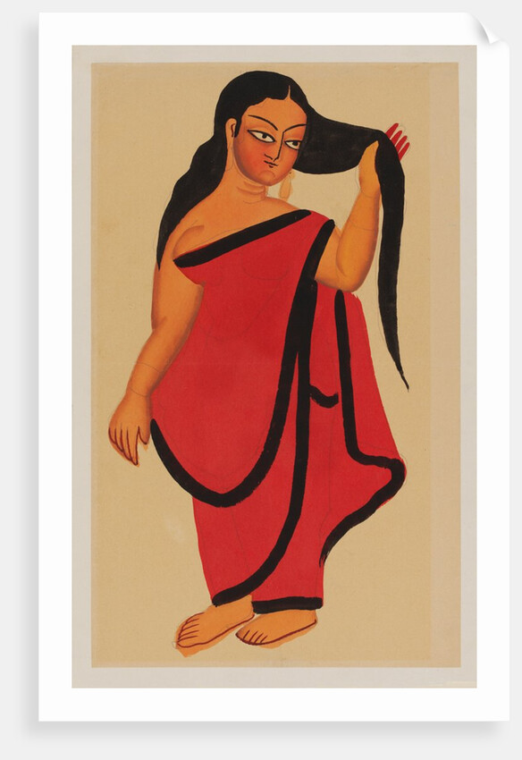 Courtesan in sari holding her long dark hair by Kali Charan Ghosh
