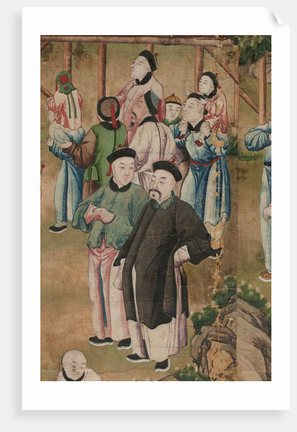 Panel of Chinese wallpaper depicting a theatrical performance, detail by unknown