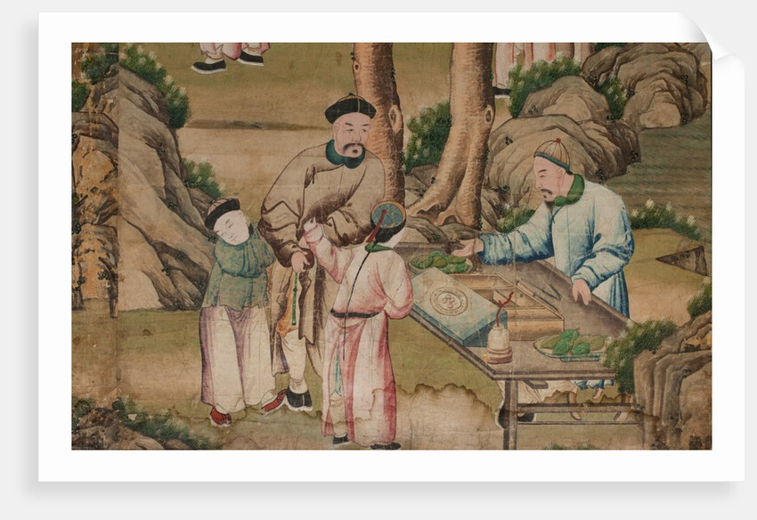 Panel of Chinese wallpaper depicting a theatrical performance, detail by unknown