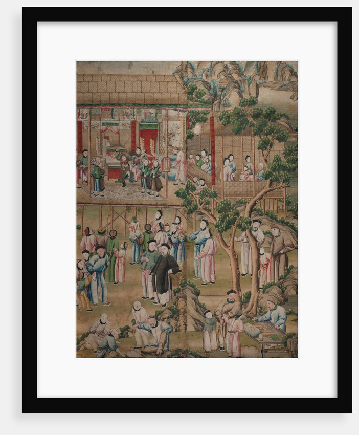 Panel of Chinese wallpaper depicting a theatrical performance by unknown