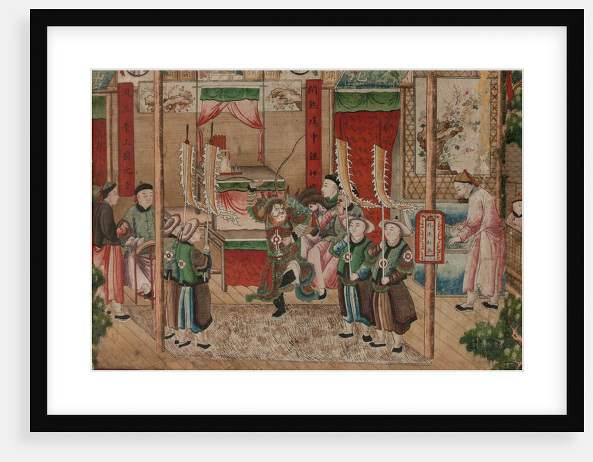 Panel of Chinese wallpaper depicting a theatrical performance, detail by unknown