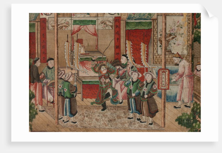 Panel of Chinese wallpaper depicting a theatrical performance, detail by unknown