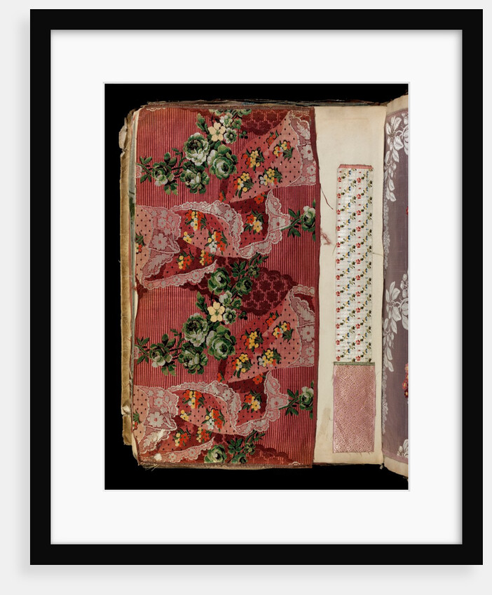 Sample of dress silk with scrolling flowers around lace handkerchiefs by Unknown