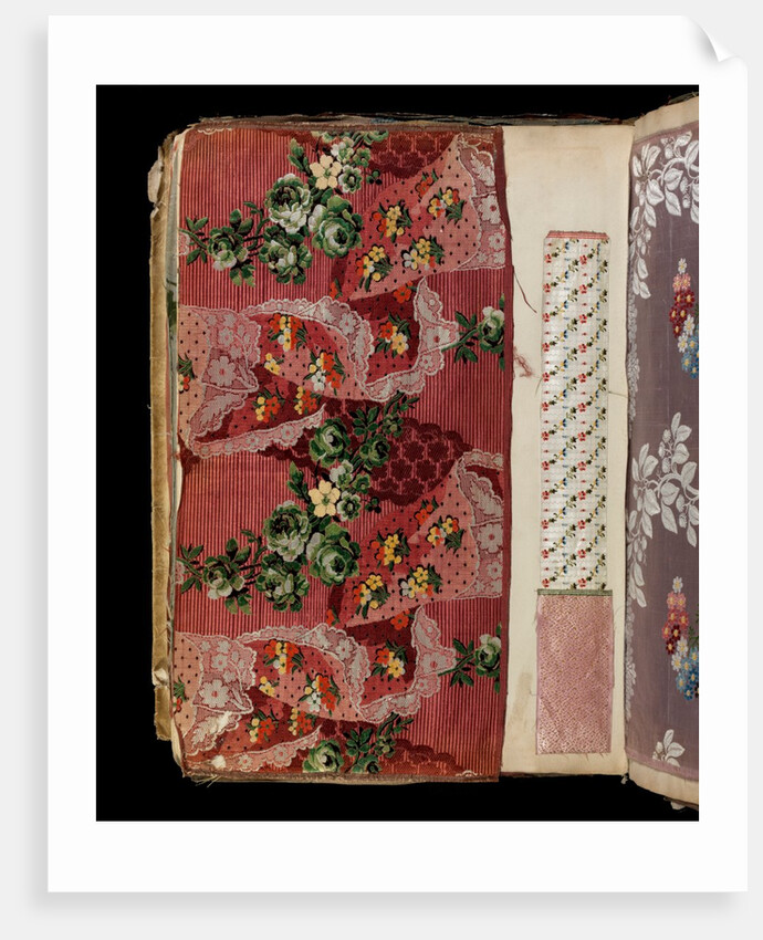 Sample of dress silk with scrolling flowers around lace handkerchiefs by Unknown