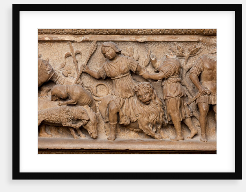 Detail of a fireplace with carved hunting scenes by Anonymous