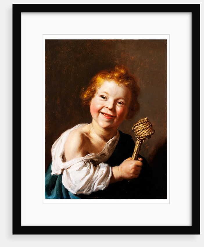 A laughing child holding a wicker rattle by Jan de Bray