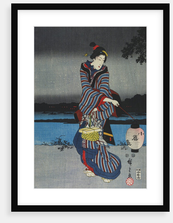 Young woman admiring cherry blossom at night, detail of triptych by Utagawa Hiroshige