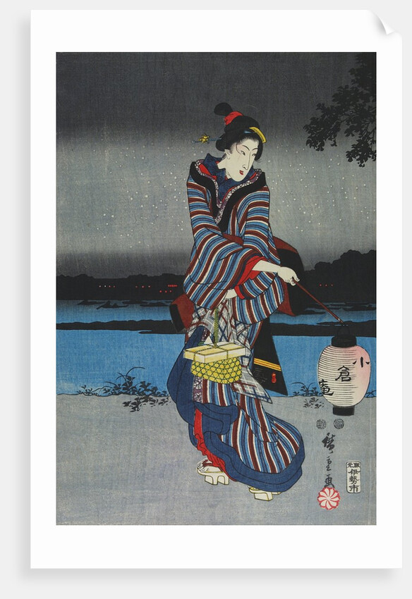 Young woman admiring cherry blossom at night, detail of triptych by Utagawa Hiroshige