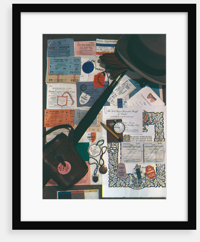 Arrangement of hat, umbrella, binoculars case and various tickets by Curtis Moffat