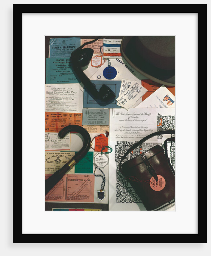 Arrangement of hat, umbrella, binoculars case and various tickets by Curtis Moffat