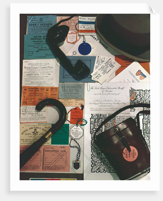 Arrangement of hat, umbrella, binoculars case and various tickets by Curtis Moffat
