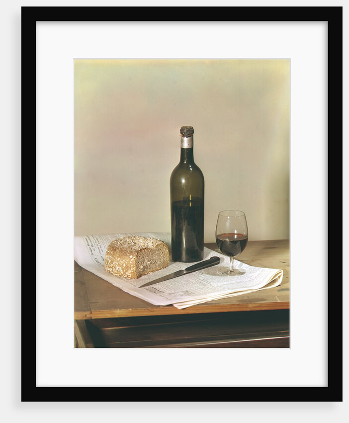Arrangement of wine bottle, glass and bread by Curtis Moffat