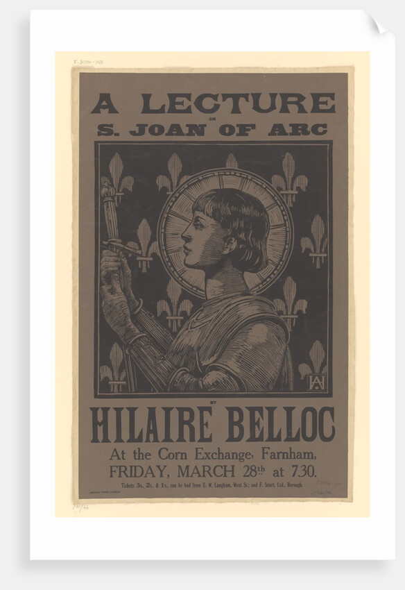 Poster advertising a lecture on Saint Joan on Arc by Hilaire Belloc