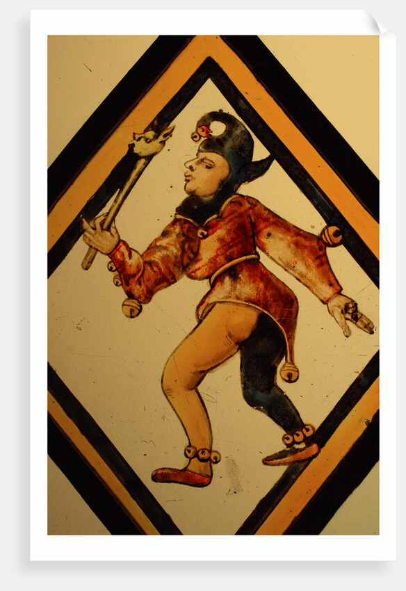 The Betley Window stained glass panel, detail of a court jester by Stuart Cox