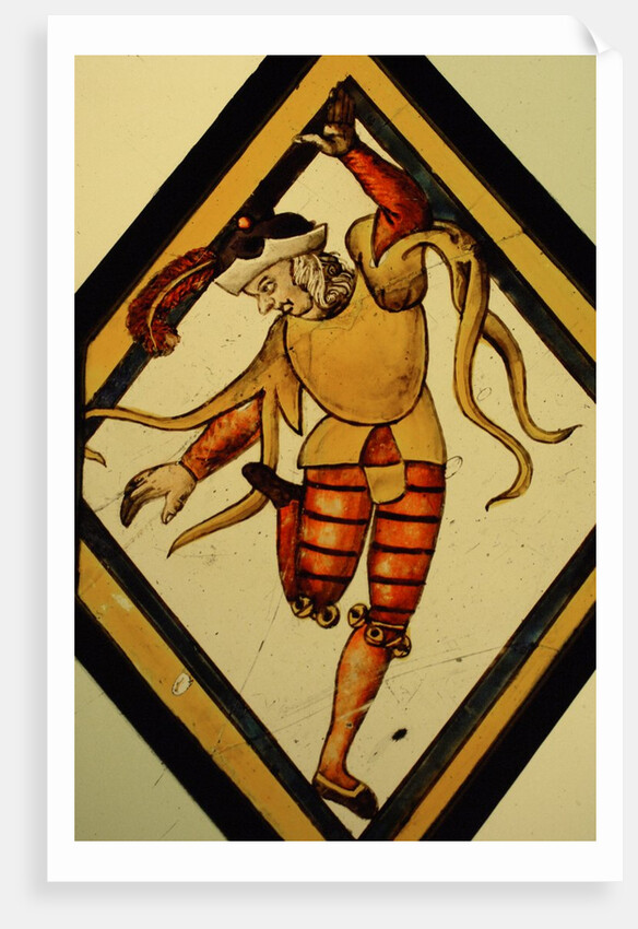 The Betley Window stained glass panel, detail of a court jester by Stuart Cox