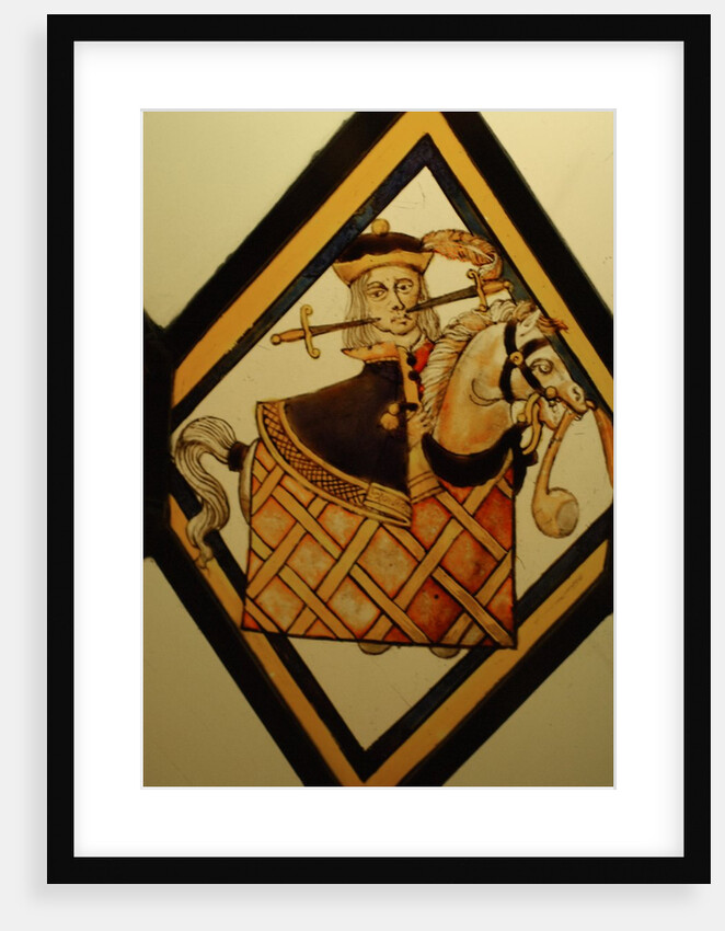 The Betley Window stained glass panel, detail of a man on a hobby horse by Stuart Cox