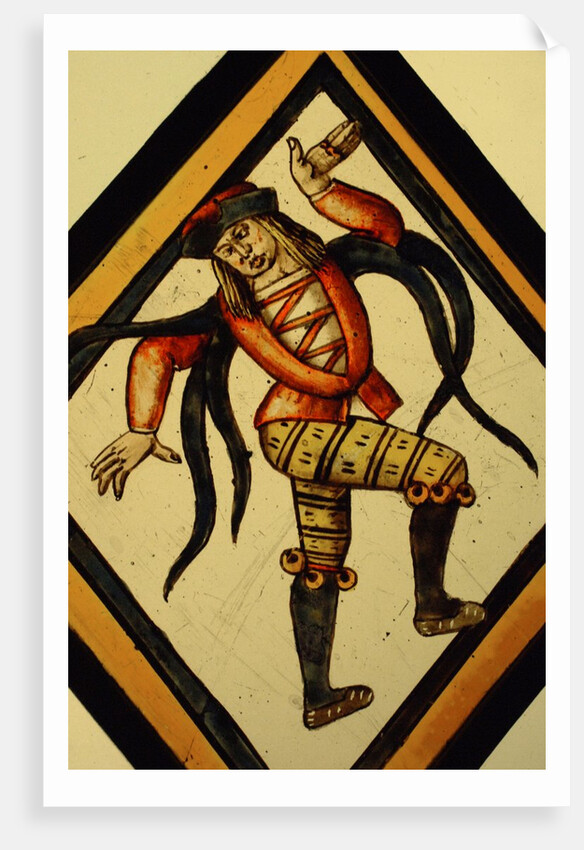 The Betley Window stained glass panel, detail of a court jester by Stuart Cox