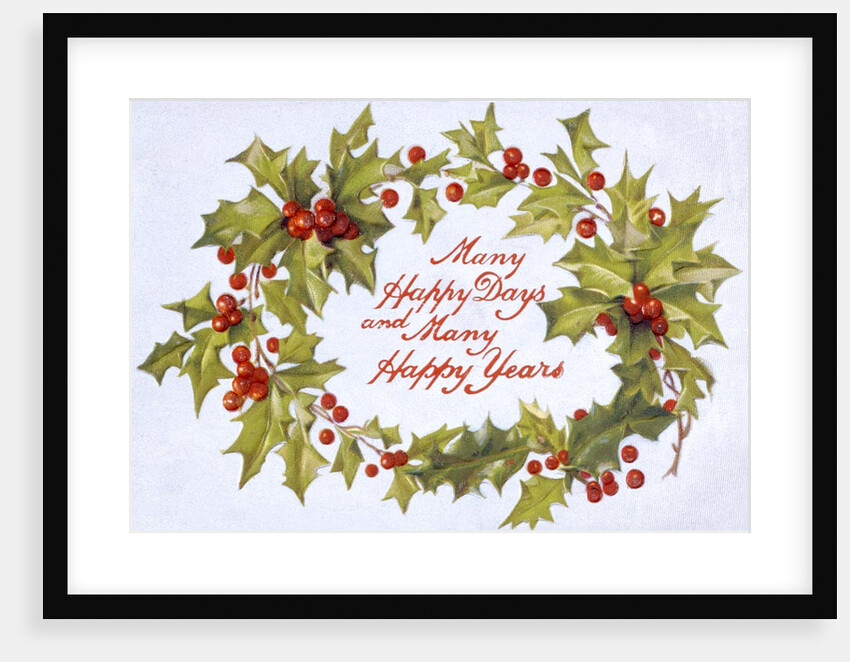 Christmas card depicting a holly wreath by Anonymous