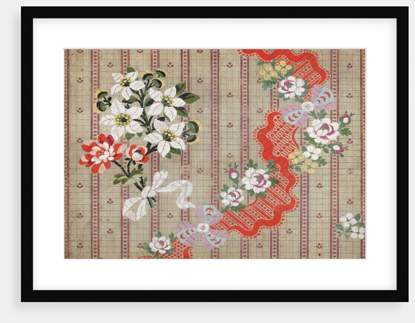 Draft for a woven silk with bows and flowers meander on stripes by Anonymous