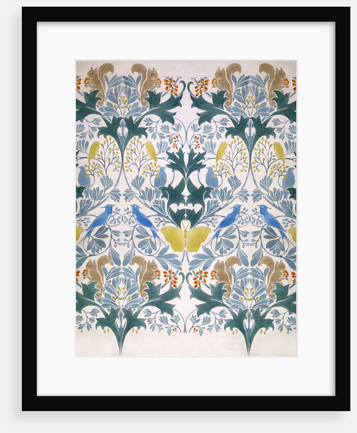 Wallpaper design with stylised flowers and wild animals decoration by Charles Francis Annesley Voysey