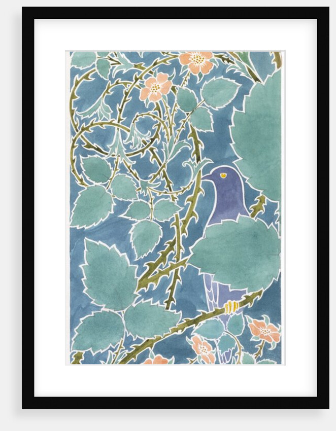 Blue bird and scrolling foliage and flowers by C.F.A. Voysey