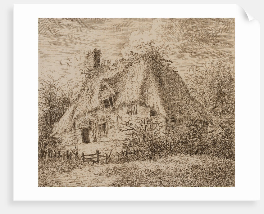 An old thatched cottage with hedge and paling in front by John Constable