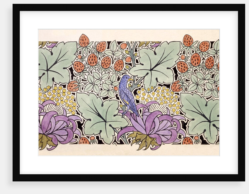 Wallpaper design with bird, flowers and strawberries by Charles Francis Annesley Voysey