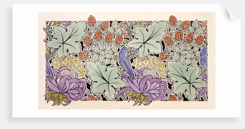 Wallpaper design with bird, flowers and strawberries by Charles Francis Annesley Voysey