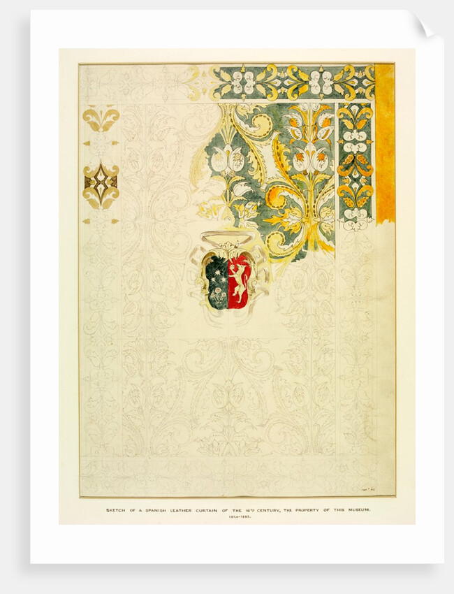 Sketch of a partially coloured-in Spanish leather curtain of the 16th century by William Burges