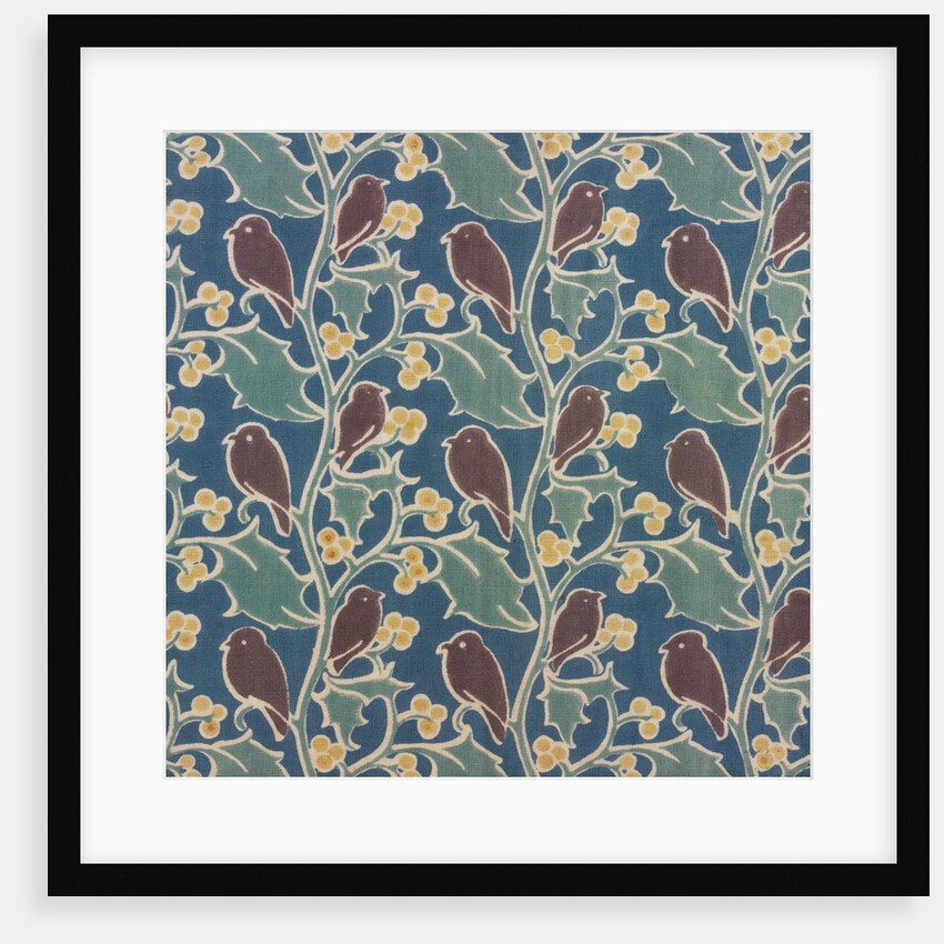 Brown birds perched on holly furnishing fabric by C.F.A.Voysey