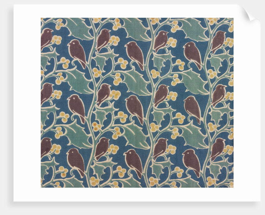 Brown birds perched on holly furnishing fabric by C.F.A.Voysey