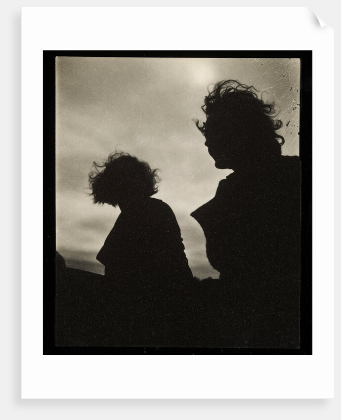 Silhouette of two women hair blown by wind sitting in wooden boat by Curtis Moffat