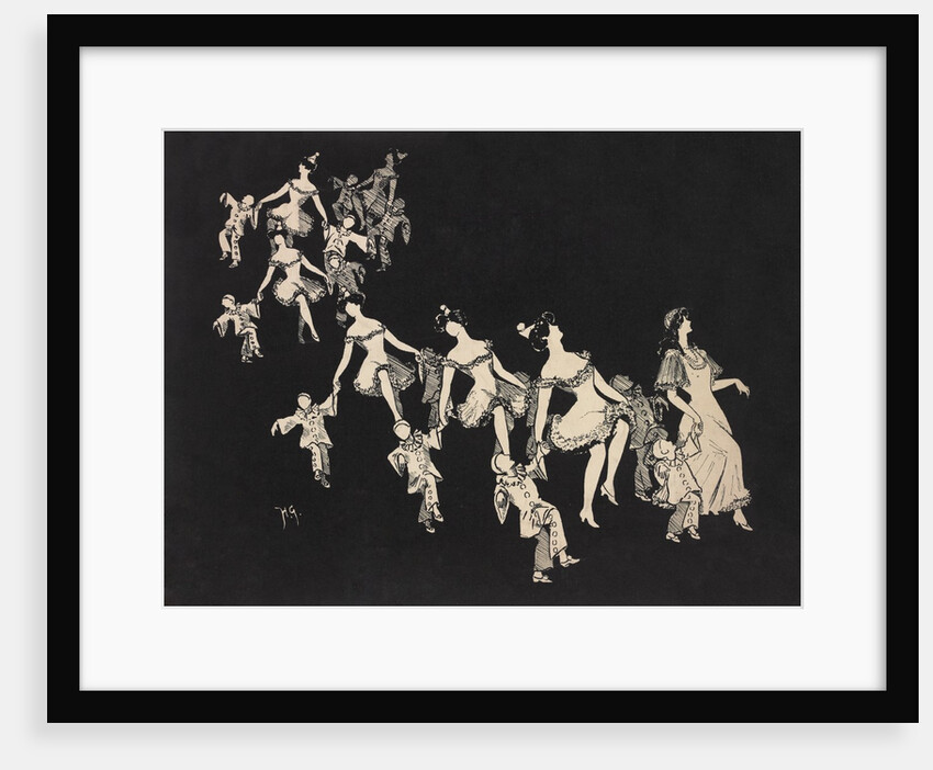 Silhouettes of children dressed as clowns hand in hand with female figures by Anonymous