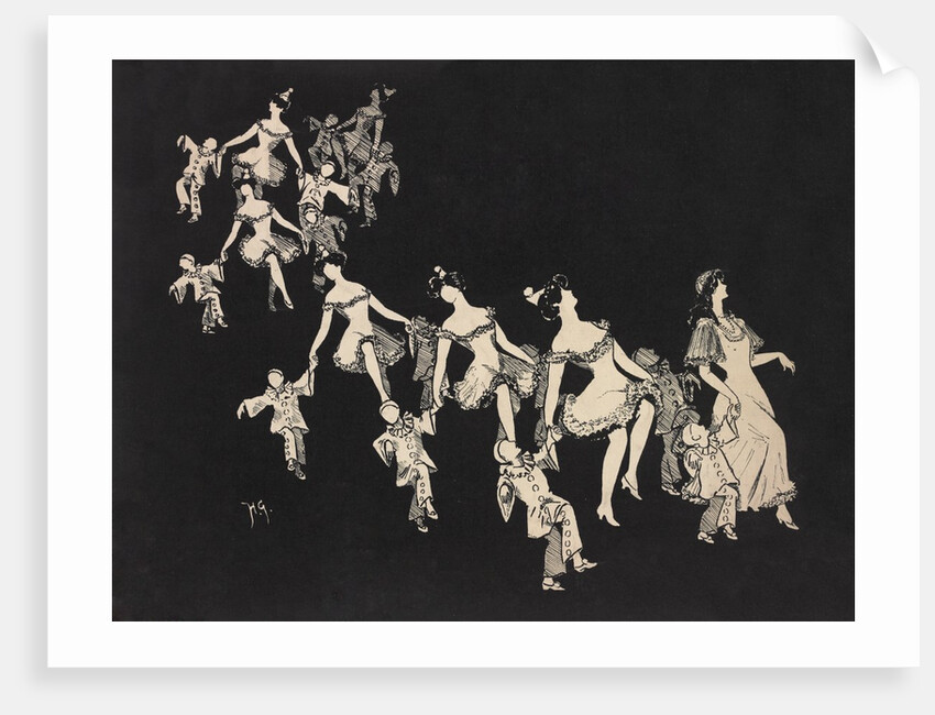 Silhouettes of children dressed as clowns hand in hand with female figures by Anonymous