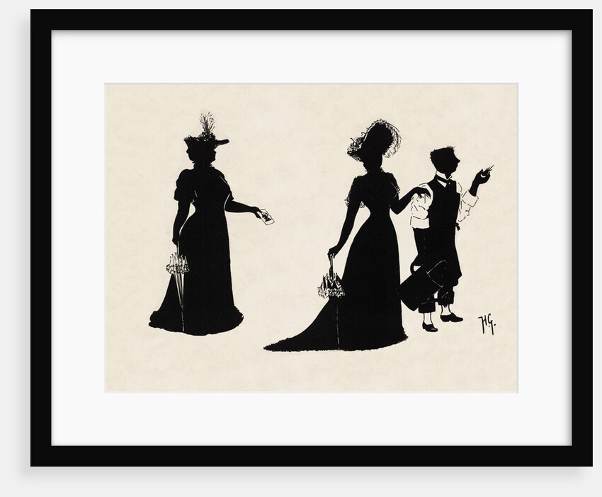 Silhouettes of two women in formal dress next to a gentleman by Anonymous