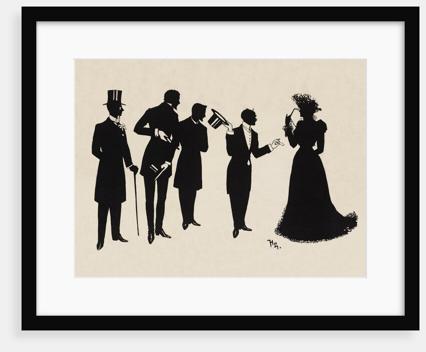 Silhouettes of four gentlemen and a woman in evening  dress by Anonymous